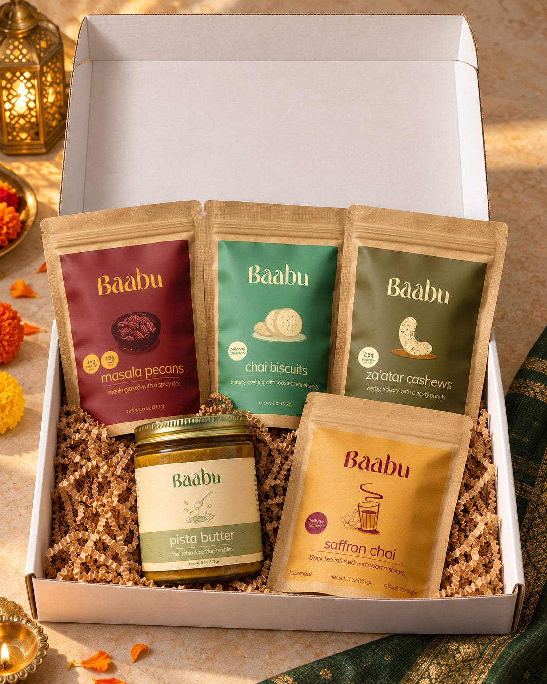 The open box: masala pecans, chai biscuits, za'atar cashews, pista butter and saffron chai