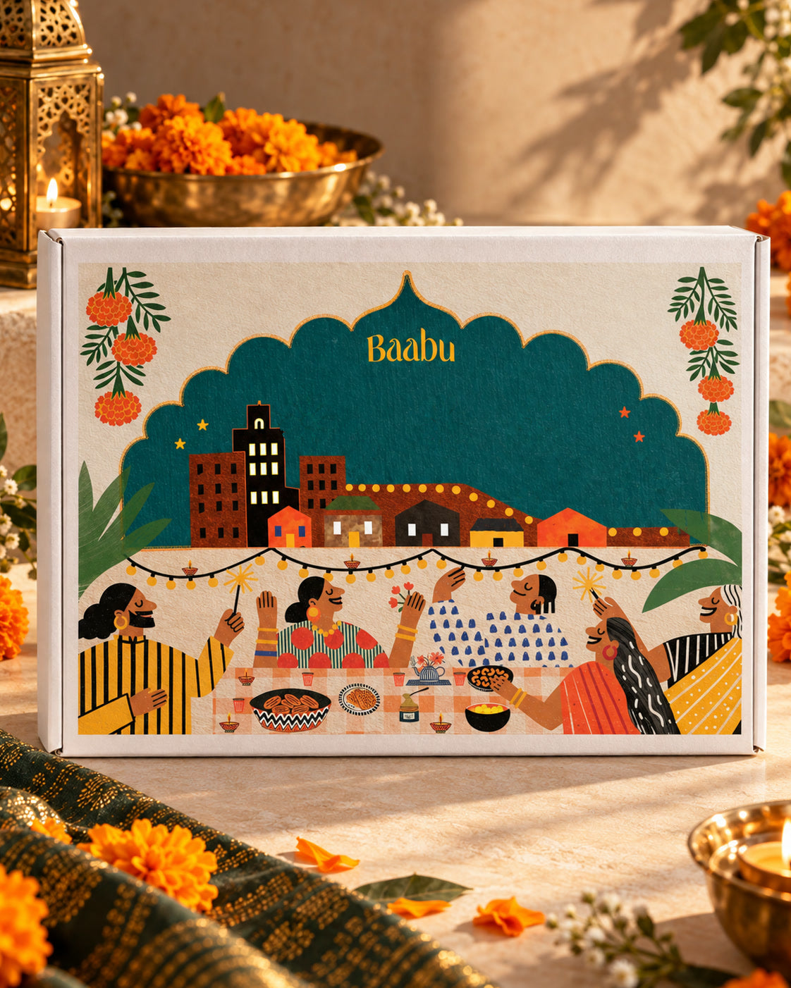 The Diwali Gift Box standing on a festive table, its string lights on and fireworks over the town on the lid